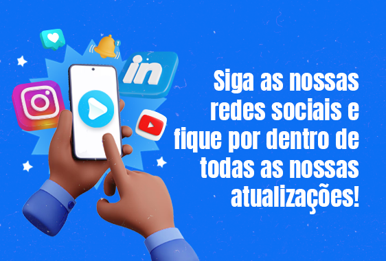 Anúncio da empresa Jobecam com o seguinte texto: Siga as nossas redes sociais e fique por dentro de todas as nossas atualizações!